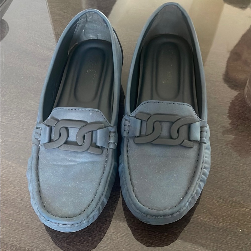 Slate Blue Suede Flats with Metal Buckle